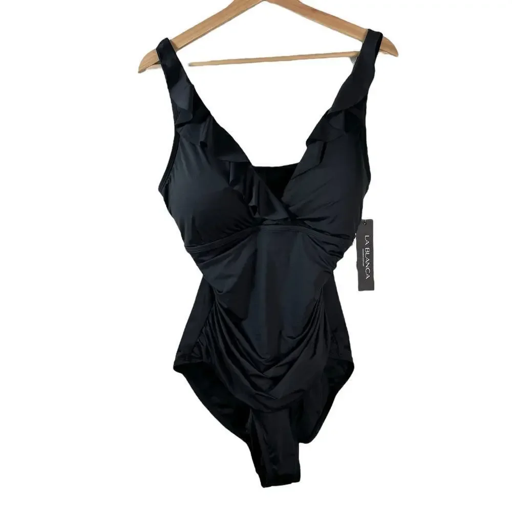 New Women’s La Blanca Island Goddess Ruffle One Piece Swimsuit Size 16
