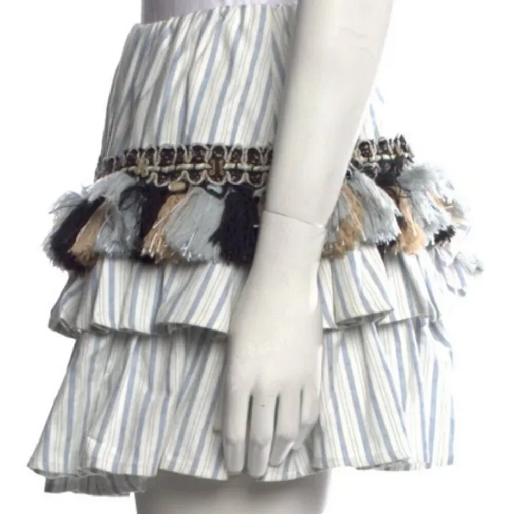 Caroline Constas Pinstripe Tiered Mini Skirt with Tassel Detail Womens Sz Small