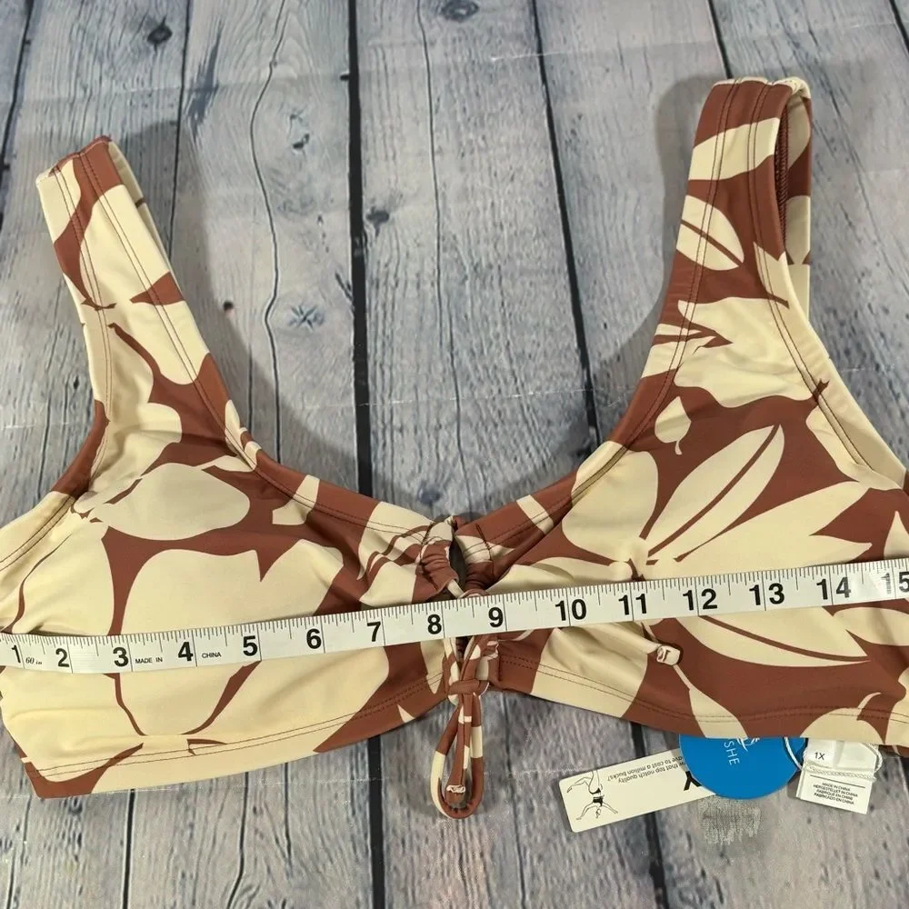 NWT Cupshe Floral Brown and White Bikini Top and Solid Bottom Beach Swimsuit 0X