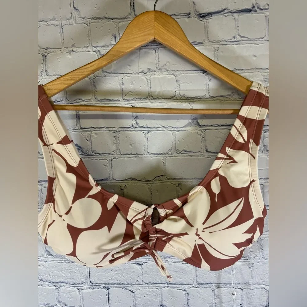 NWT Cupshe Floral Brown and White Bikini Top and Solid Bottom Beach Swimsuit 0X