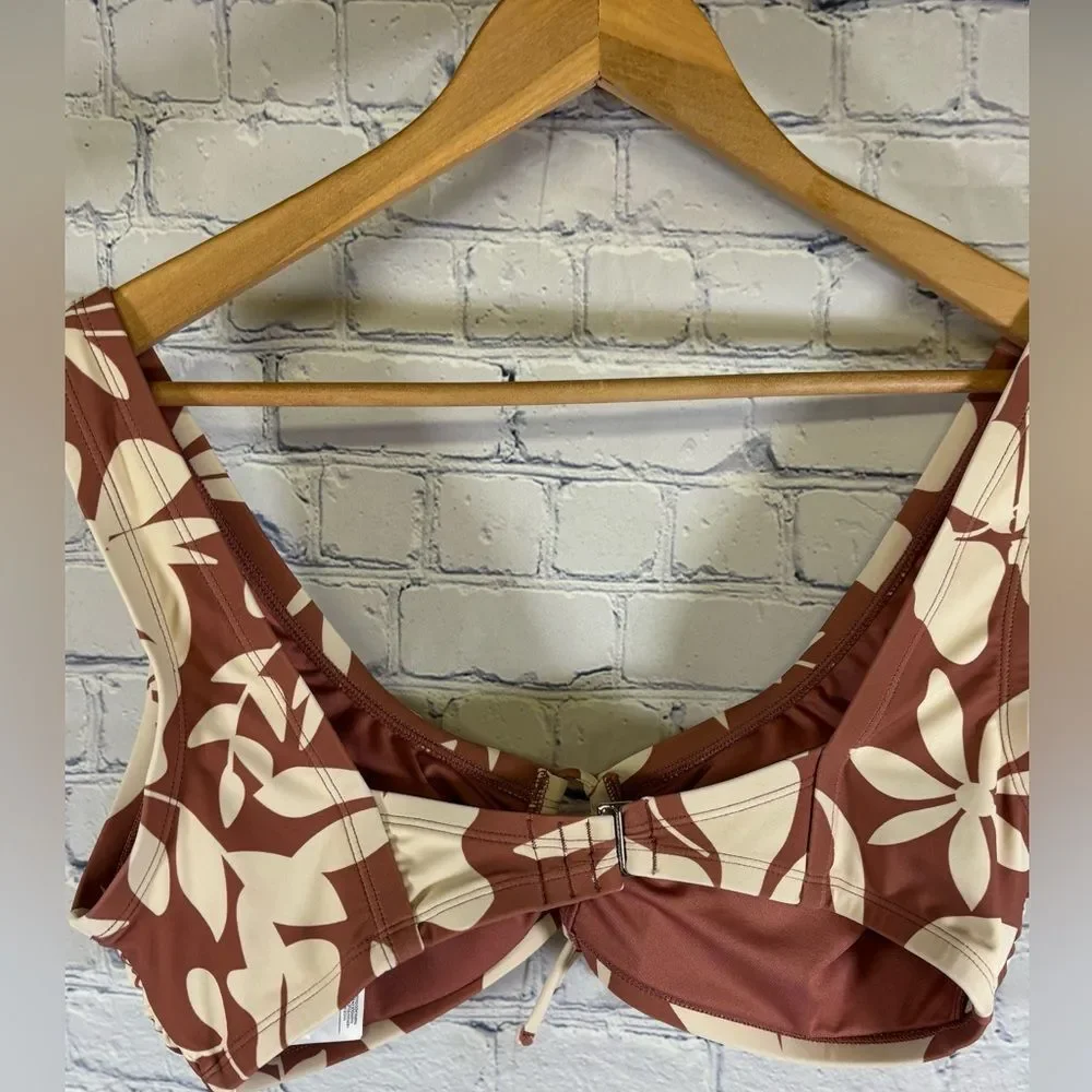 NWT Cupshe Floral Brown and White Bikini Top and Solid Bottom Beach Swimsuit 0X