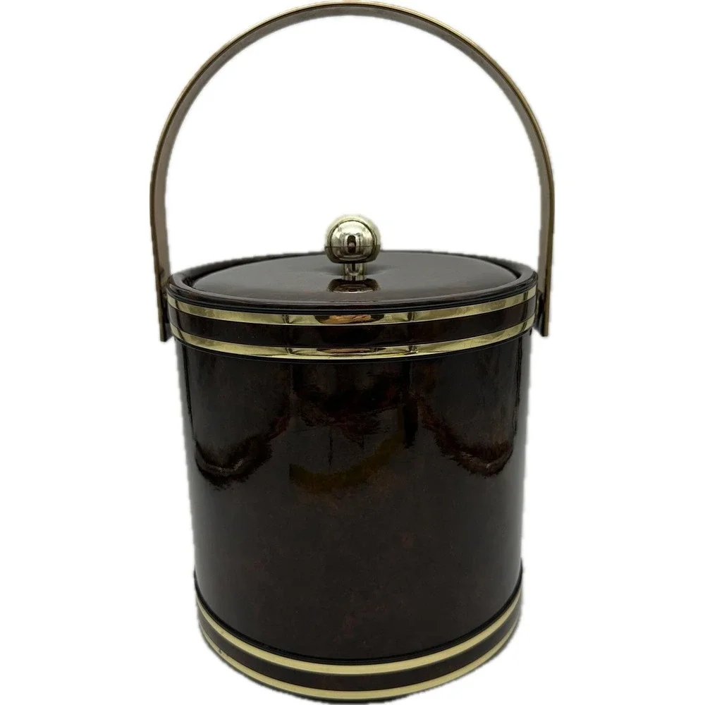 Vtg  MCM Faux Tortoise Shell Brown Marbled Vinyl Padded Ice Bucket‎ Handle Core