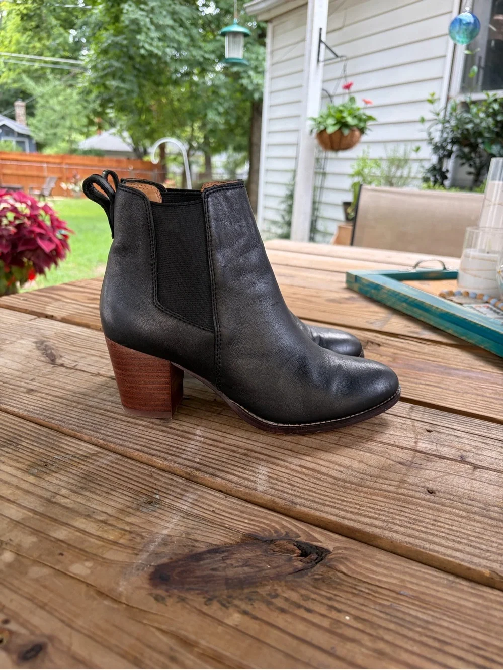J. Crew Black Leather Chelsea Ankle Boots with Stacked Wood Heel