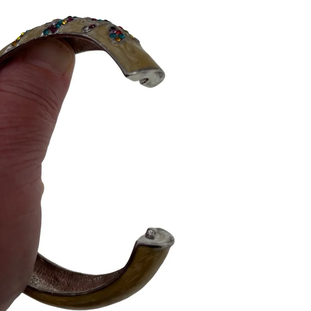 Vintage Rhinestone Bracelet Cream Marbled Enamel Hinged Clamper Art Nouveau READ
