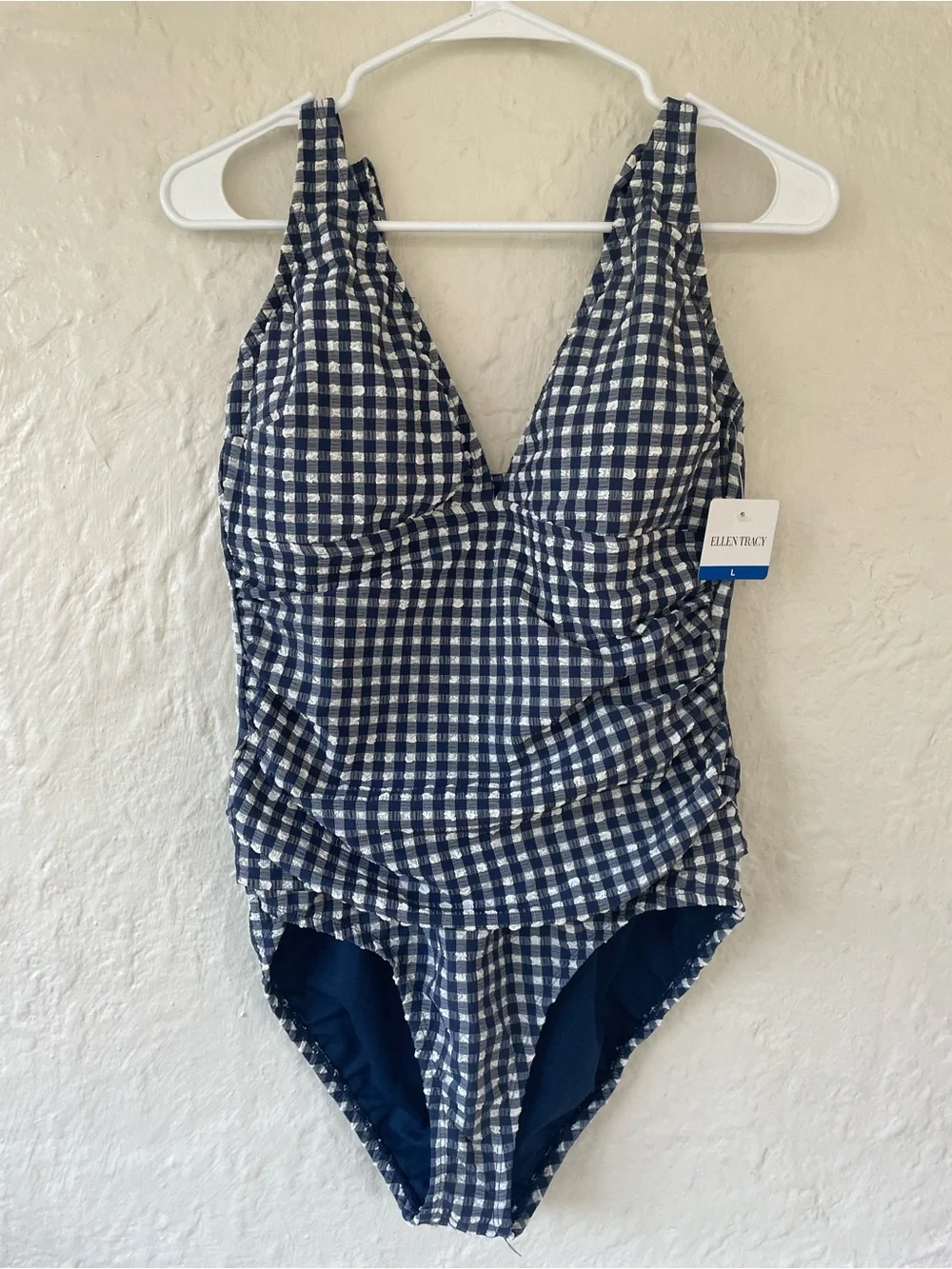NWT Ellen Tracy navy blue gingham ruched one piece swimsuit, bow tie straps;  L