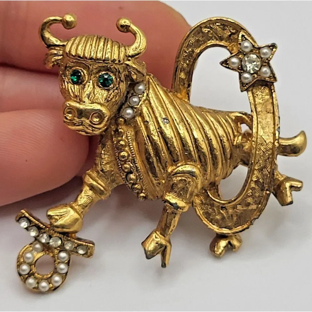 Taurus Bull Goldtone and Rhinestone Zodiac Brooch 2in