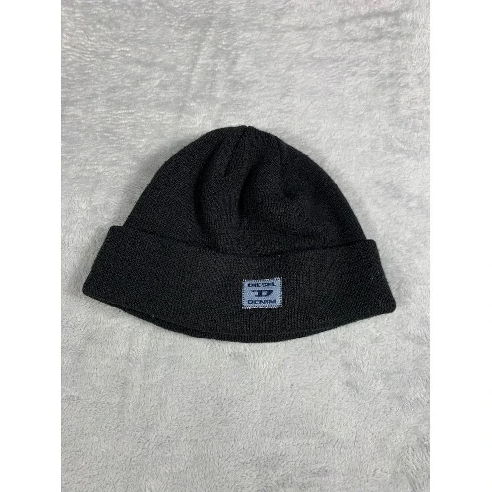 Diesel Denim Division Knit Beanie Hat Mens Black Made in Italy Cuffed One