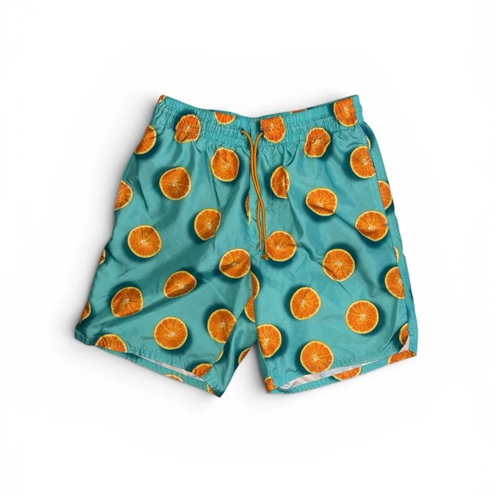 Old Navy Turquoise Swim Trunks with Orange Slice Print