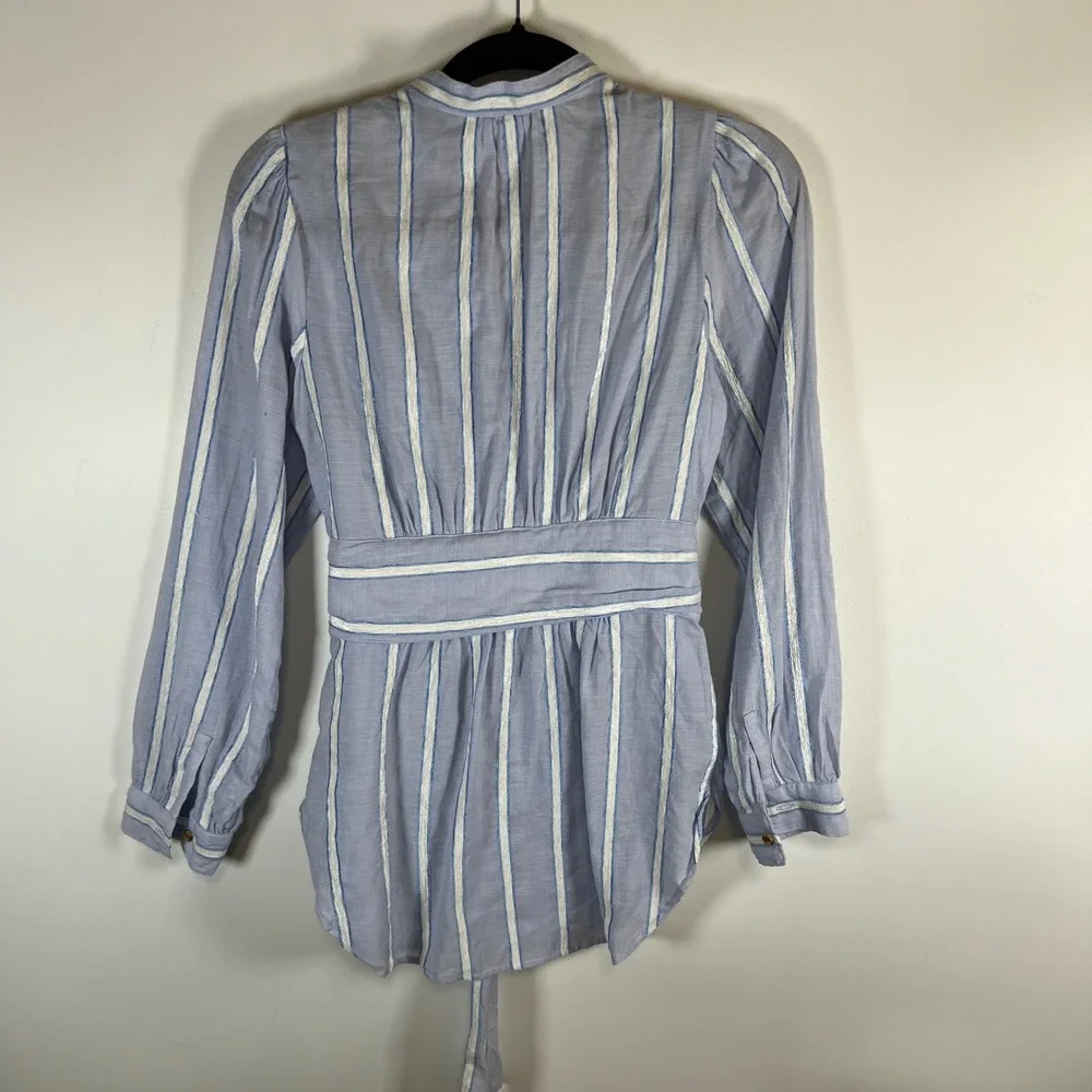 Anthropologie Building Blue White Striped Tie Waist Button Down Blouse‎ Top Sz 8