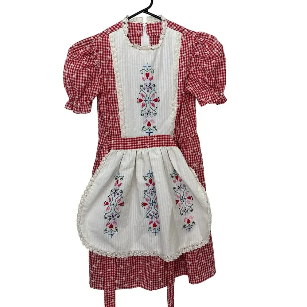 Vintage Girls Handmade Dress 70s Red White Gingham Embroidered‎ Apron Front Tie