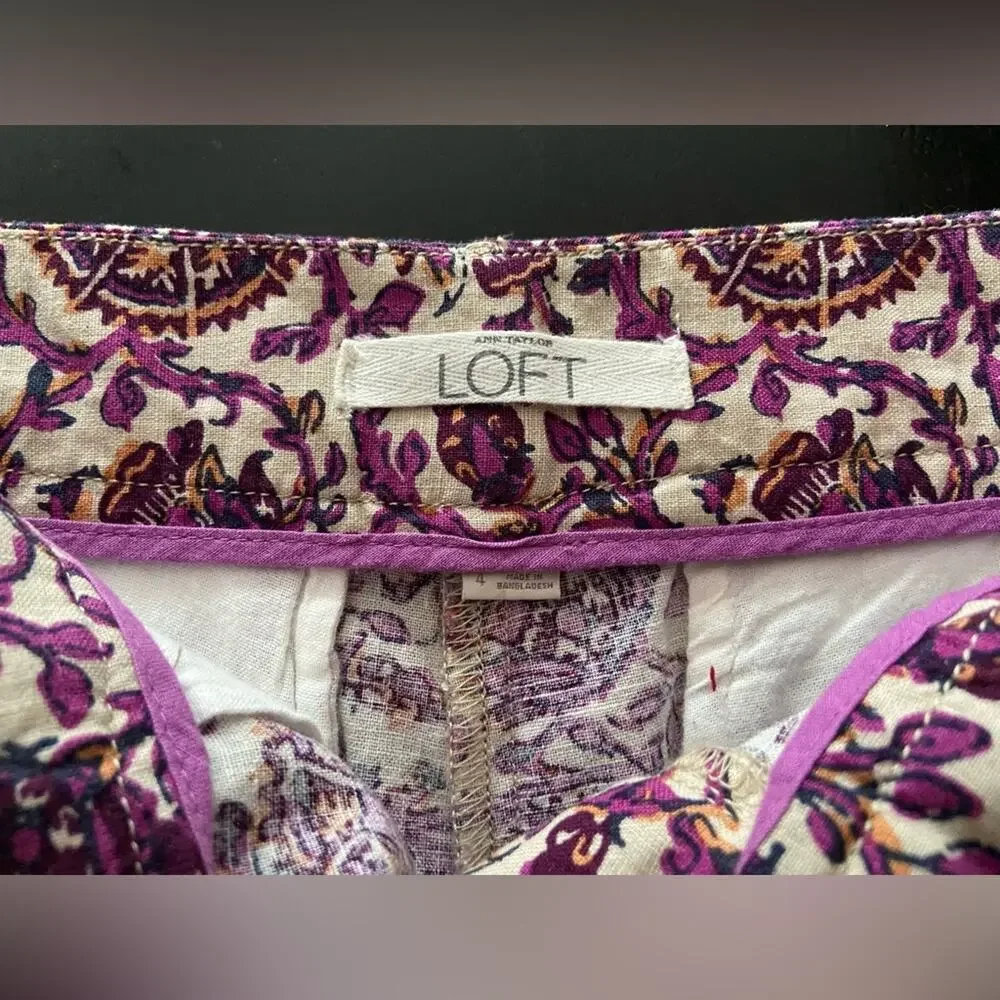 LOFT Purple Floral Linen Chino Shorts sz 4