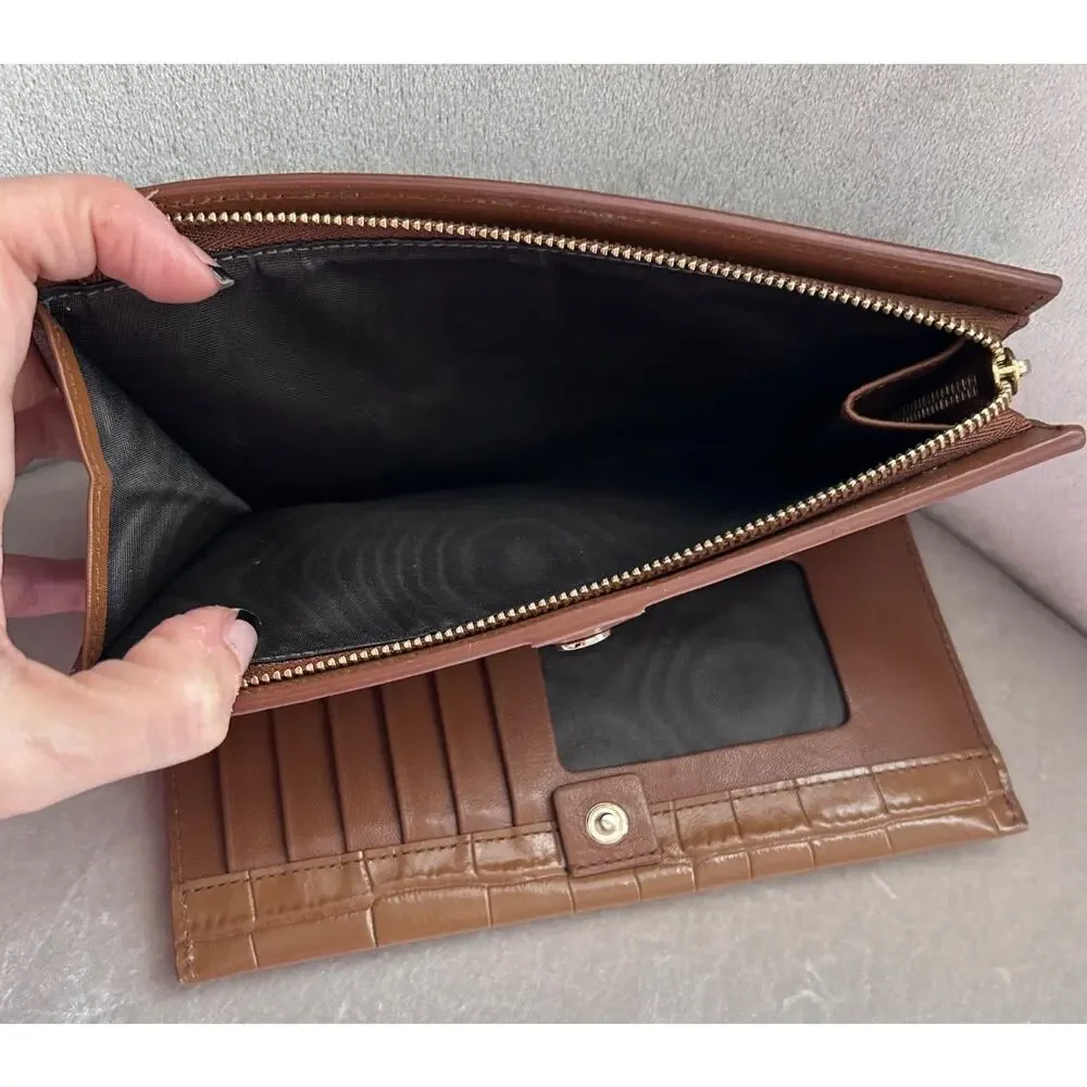 Furla Alligator Embossed Leather Slim Wallet in Cognac, Snap Closure