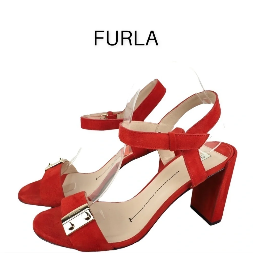 FURLA sz 39.5 METROPOLIS SANDAL ANKLE STRAP PEPERONCINO red suede strappy