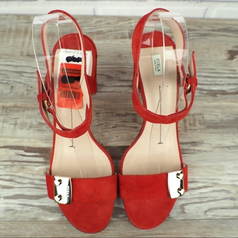 FURLA sz 39.5 METROPOLIS SANDAL ANKLE STRAP PEPERONCINO red suede strappy