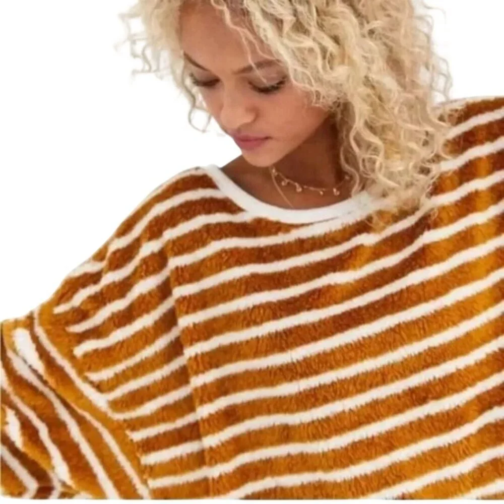 Free People Breton Mustard White Striped Oversized Cozy Sweater Size S