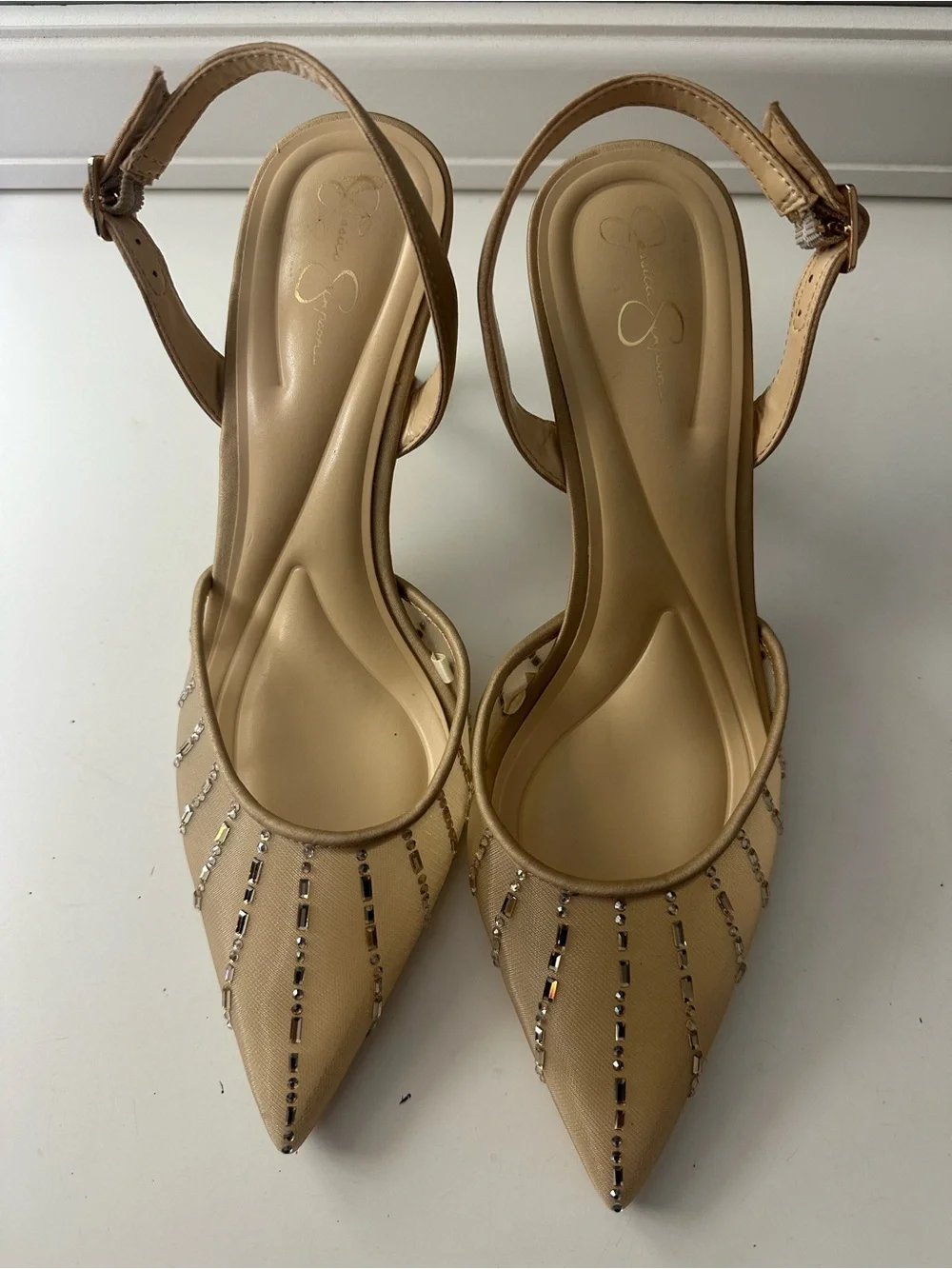 Jessica Simpson Tan/Beige Pointed Slingback Heels with Crystal Accents