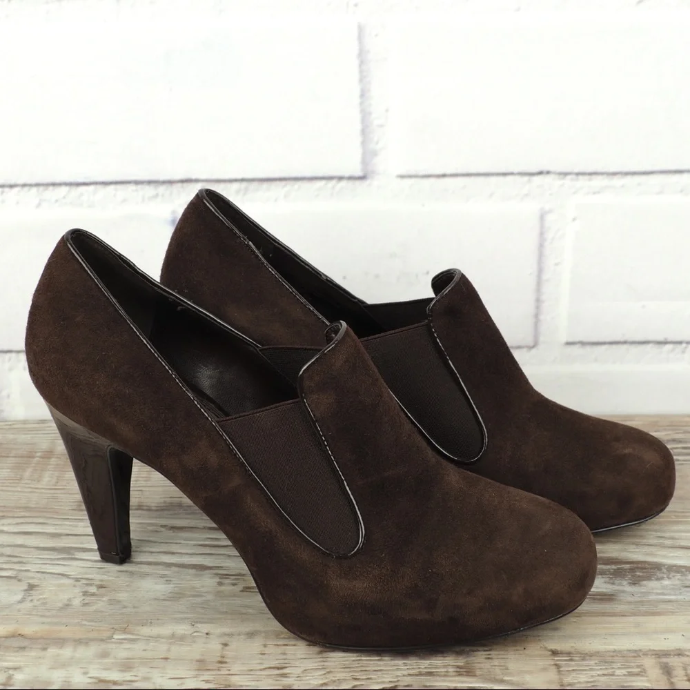 Franco Sarto brown suede & patent heeled loafers