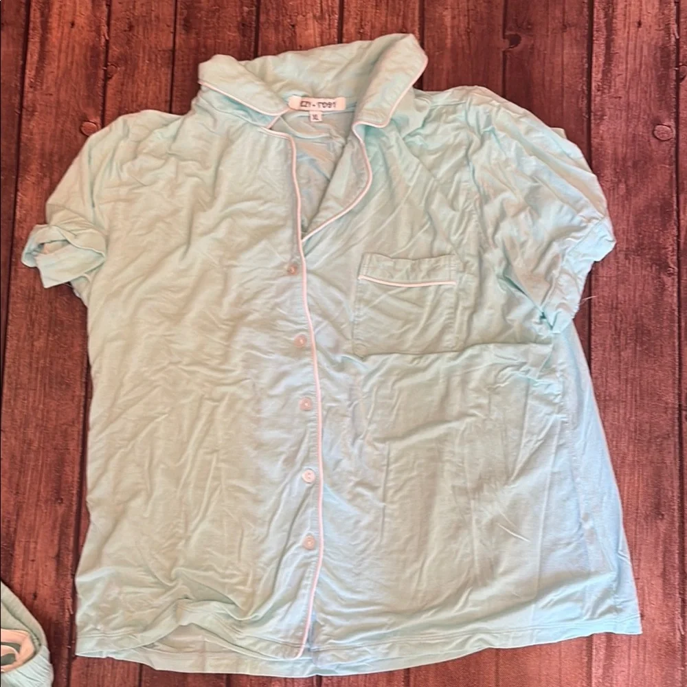 EUC Izzy + Toby Teal Pajama Set with Elastic Waistband and Button up Shirt