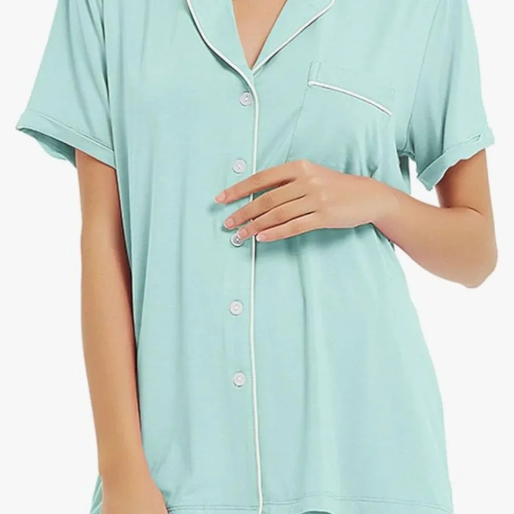 EUC Izzy + Toby Teal Pajama Set with Elastic Waistband and Button up Shirt