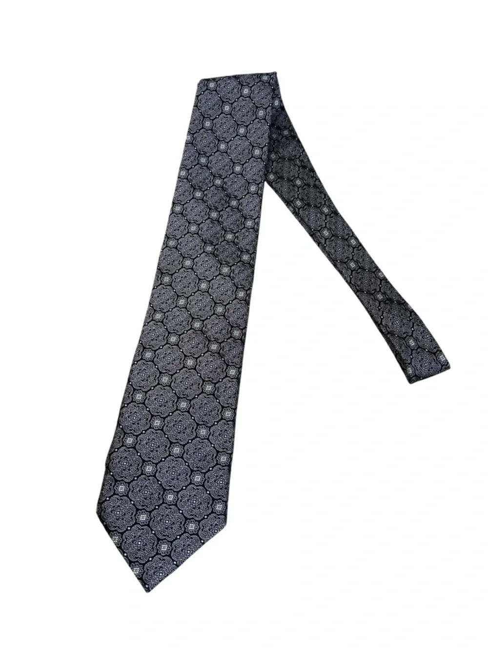 Canali Silk Tie Black Gray Blue Medallion Geometric Pattern Luxury Italian Made