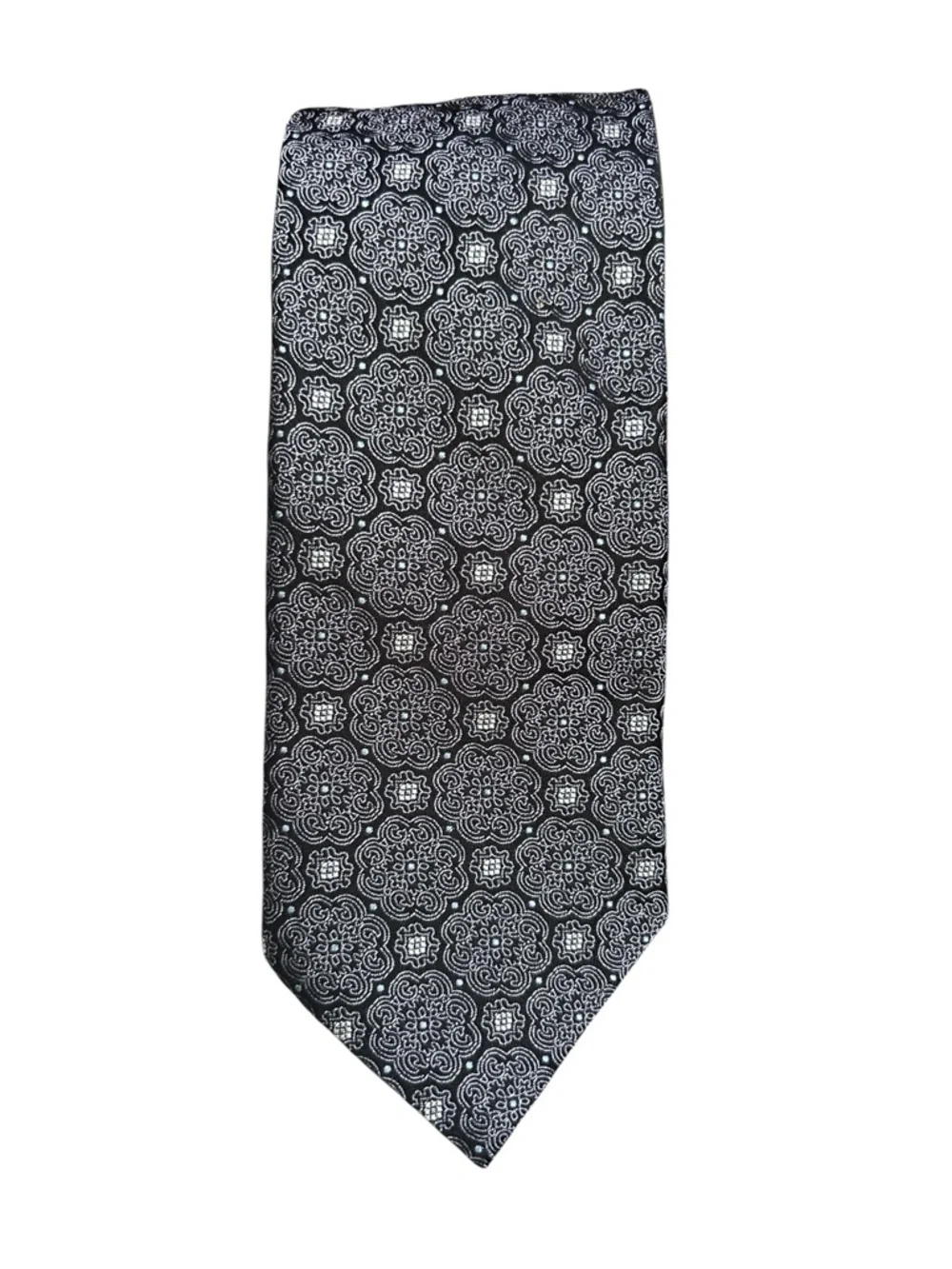 Canali Silk Tie Black Gray Blue Medallion Geometric Pattern Luxury Italian Made
