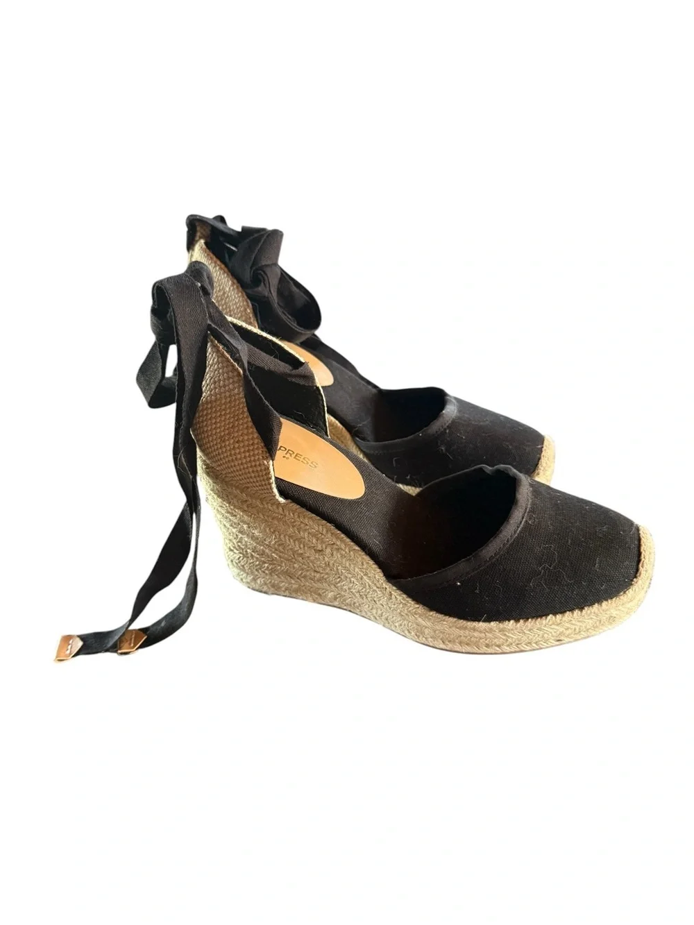 Express Black Espadrille Wedges with Tie-Up Ribbons