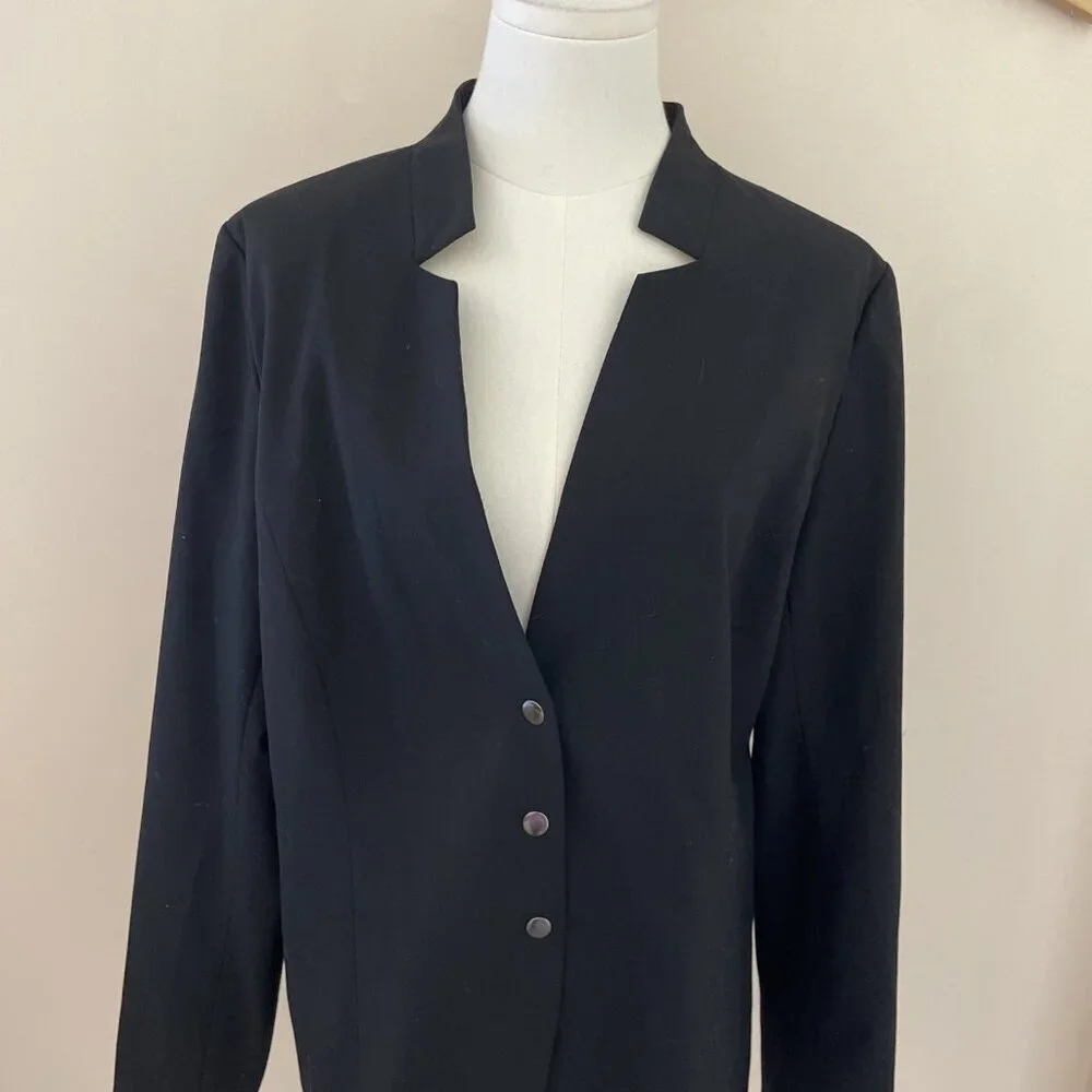 Vintage Larry Levine Snap Front Blazer Womens 14 Black Stretch Career Minimalist