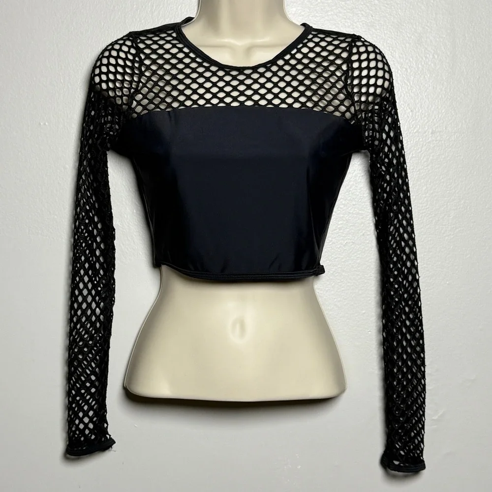 Piha‎ Swimwear Womens Mesh Crop Top 6 Black Swim Top Stretch Smooth