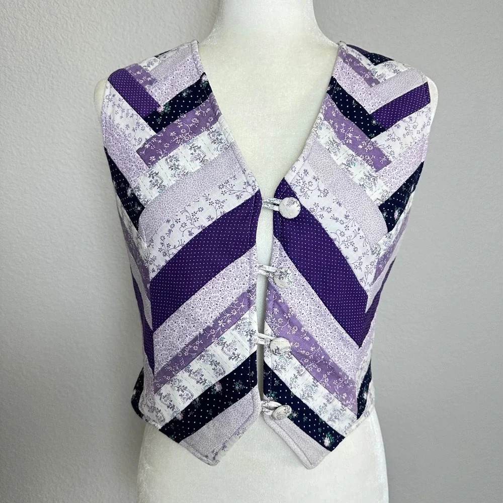 Handmade Purple Quilted Patchwork Vest‎ Floral Chevron Cottagecore XS Small