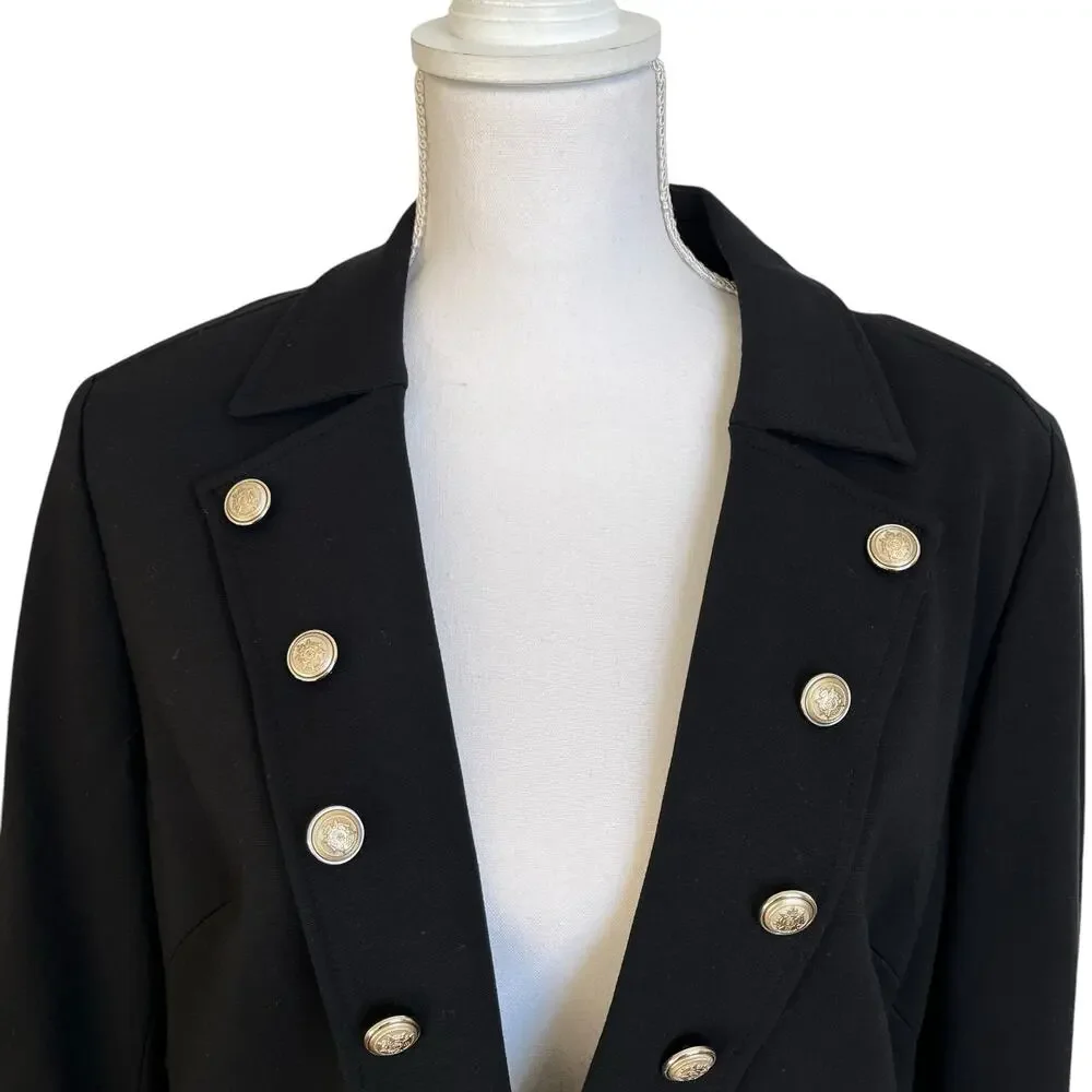Chico's Jacket Women's 2P Large Petite Black Leopard Trim Military Open Lined