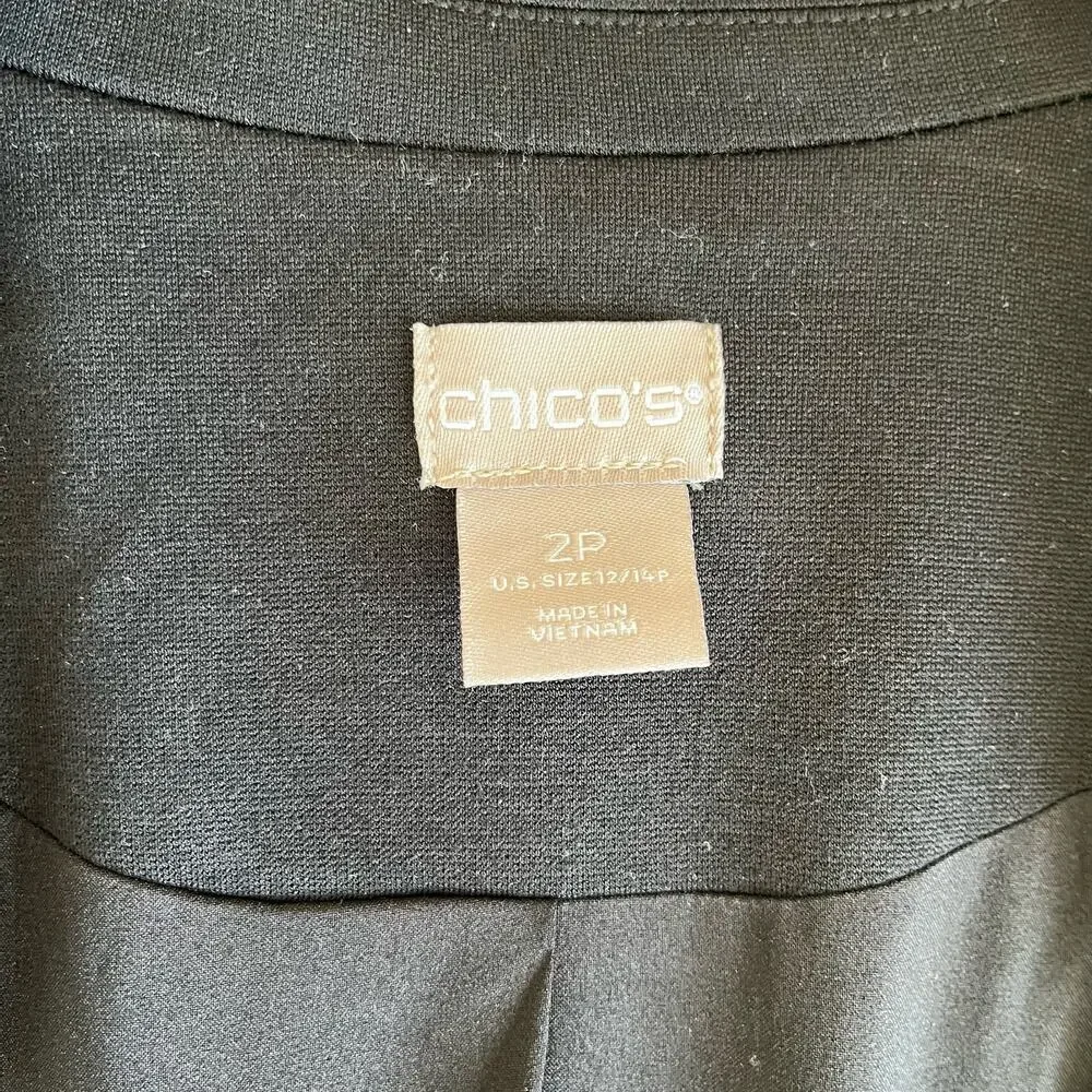Chico's Jacket Women's 2P Large Petite Black Leopard Trim Military Open Lined