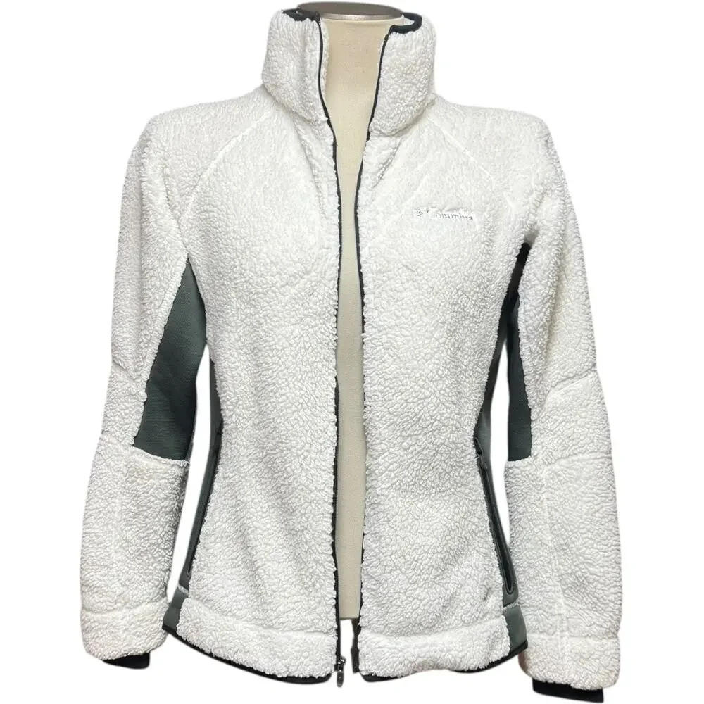 Columbia Sherpa Fleece Jacket Coat White Green Medium