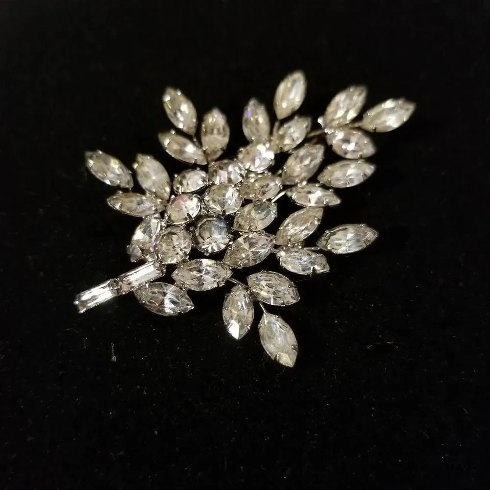 Vintage Clear Rhinestone Brooch Pin Leaf Cluster