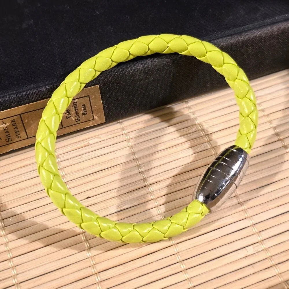 Braided Thick Bright Yellow Vegan Leather Magnetic Clasp Bangle Bracelet