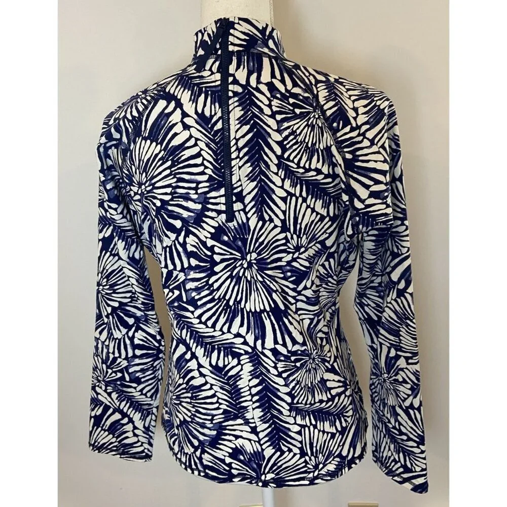 Garnet Hill Swim Top Rashguard Long Sleeve Back Zipper Navy Blue Cream Large L