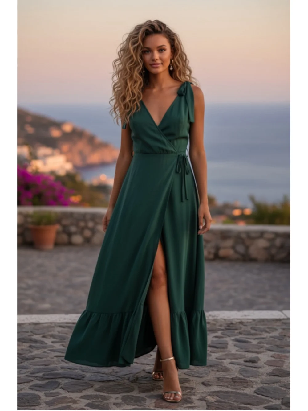 Abercrombie & Fitch Emerald Green Tie-Shoulder Wrap Maxi Dress | Open Back | LG