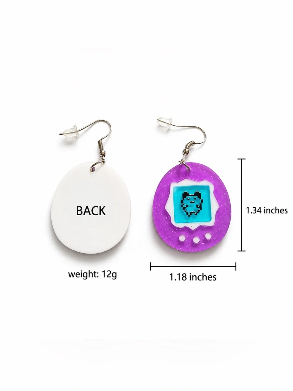 Retro Virtual Pet Dangle Earrings – Purple Pixel Pet Acrylic Earrings.