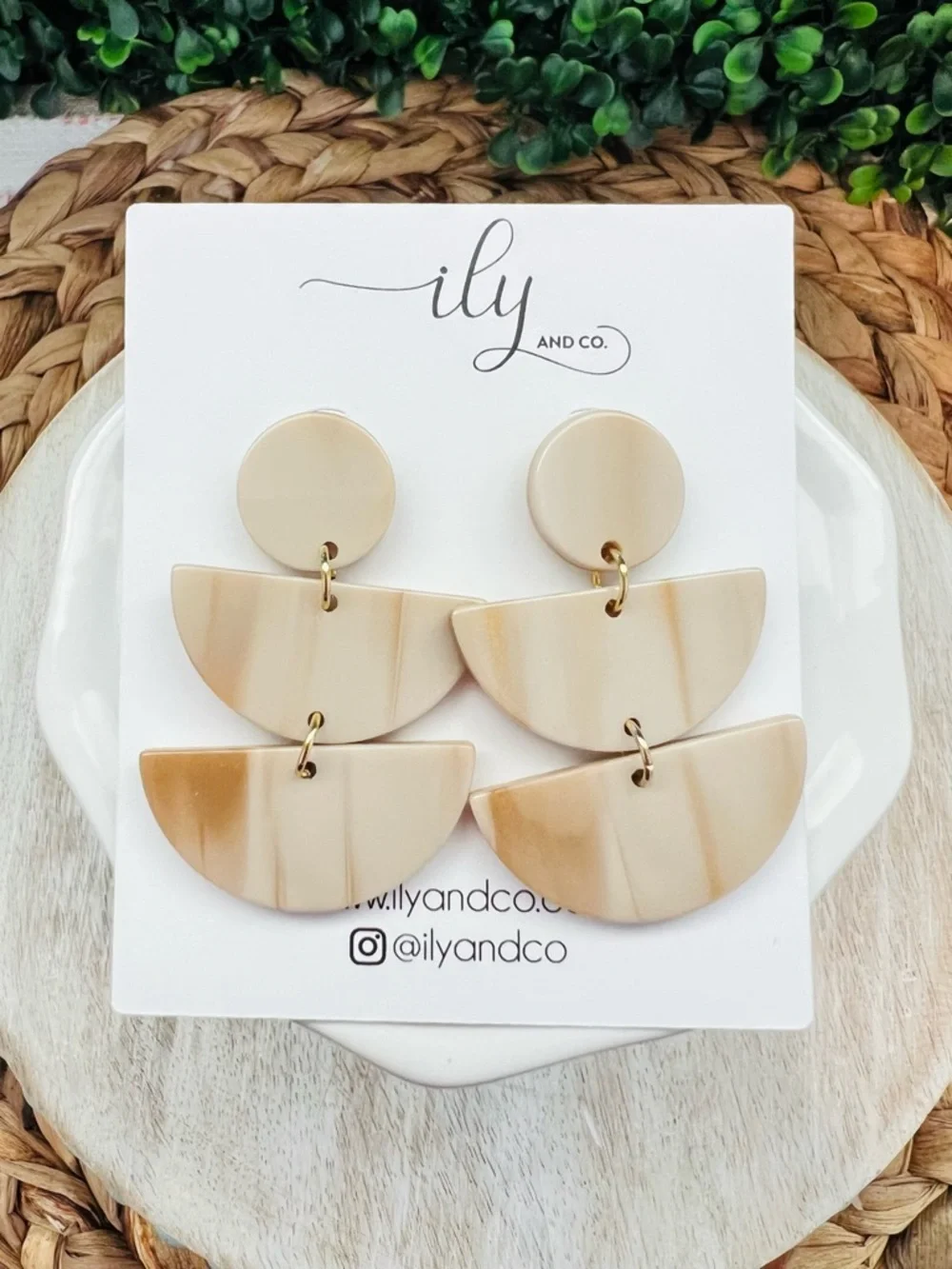 New Marbled Ivory Triple Tier Half Moon Statement Dangle Earrings | Gold Accents