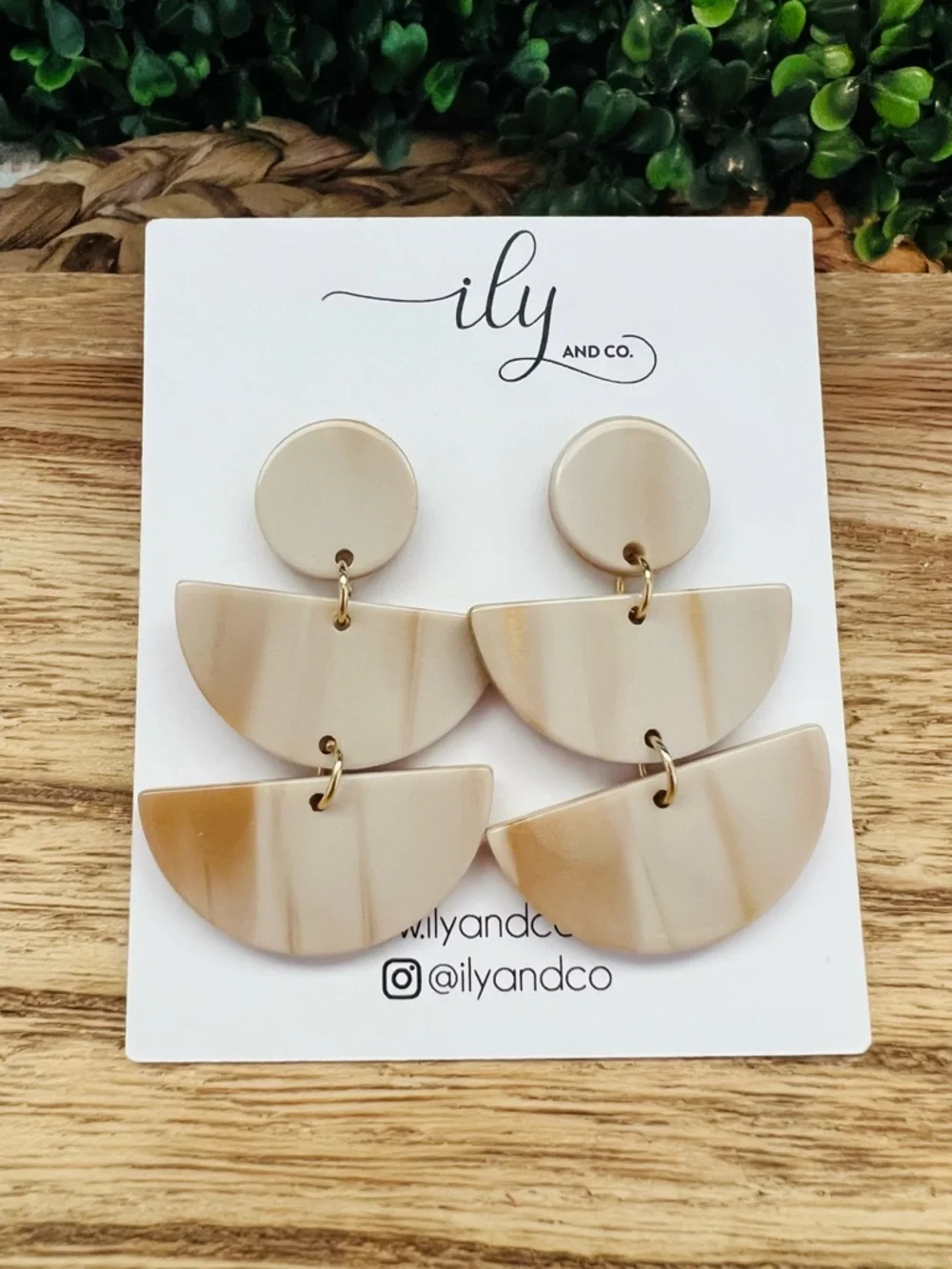 New Marbled Ivory Triple Tier Half Moon Statement Dangle Earrings | Gold Accents