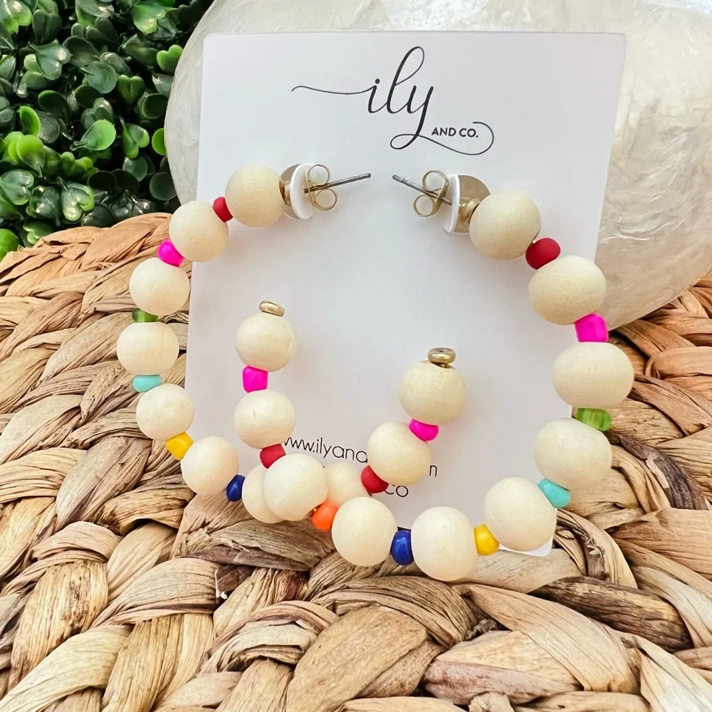 New Colorful Beaded Hoop Earrings | Lightweight | Rainbow and Wood Beads