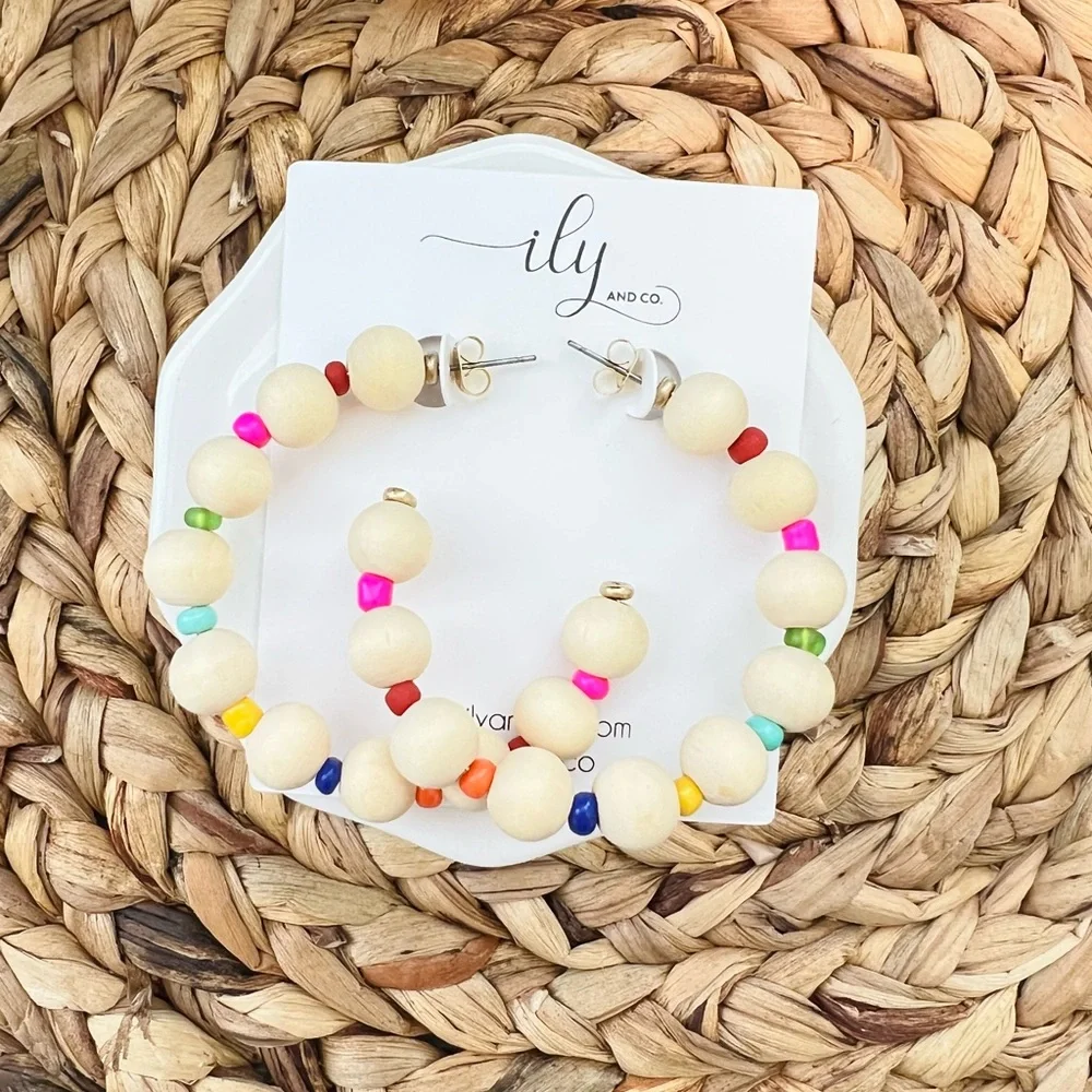New Colorful Beaded Hoop Earrings | Lightweight | Rainbow and Wood Beads