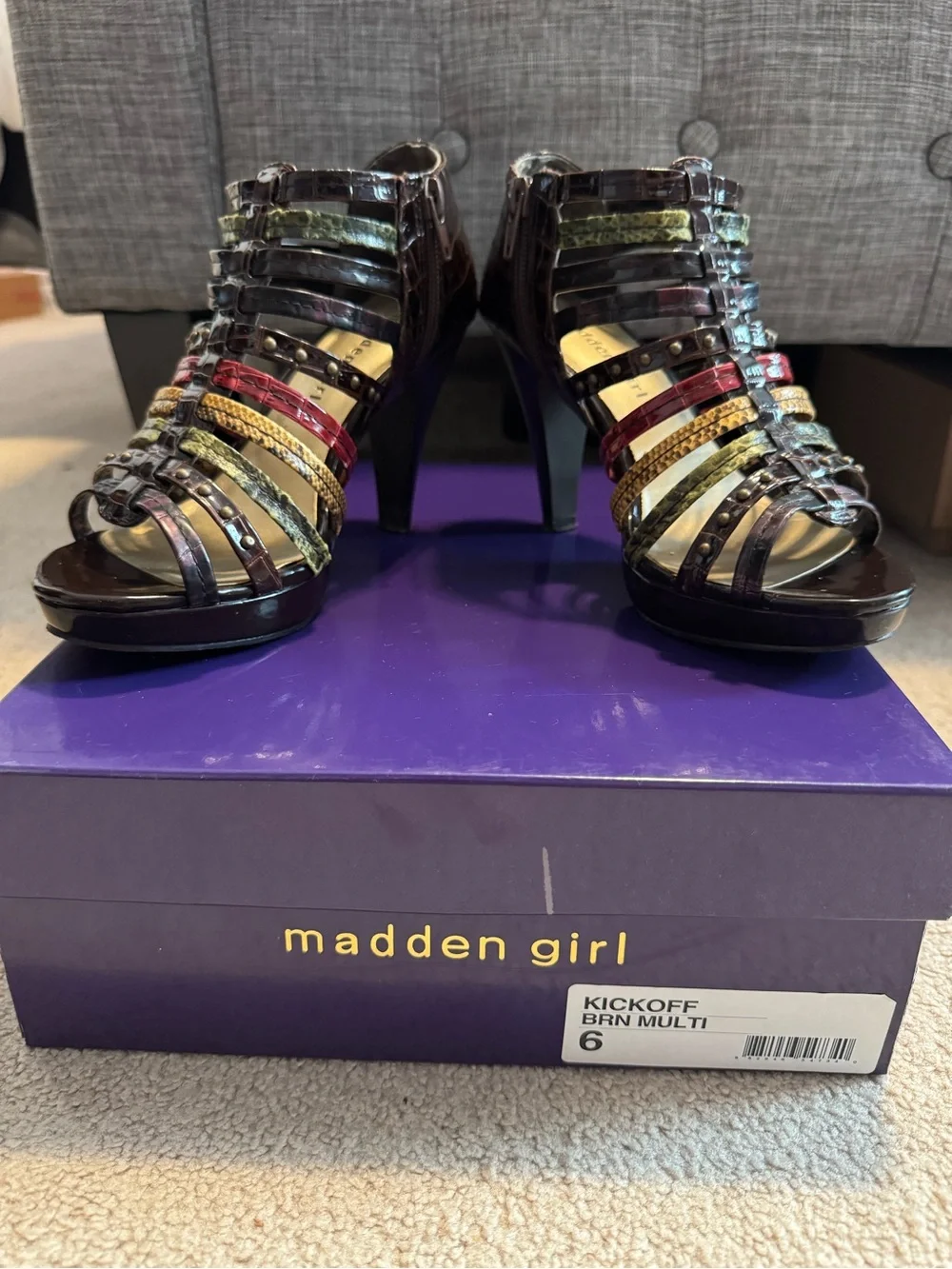 Madden Girl Kickoff Brown Multi Strappy Cage Platform Heels Women's Size 6