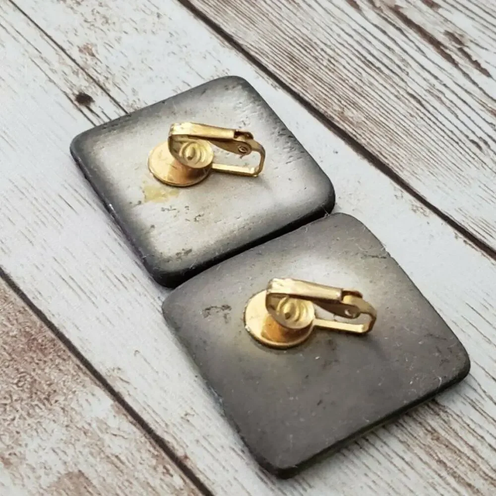 Vintage Clip On Earrings Artistic Diamond Shape Large Statement