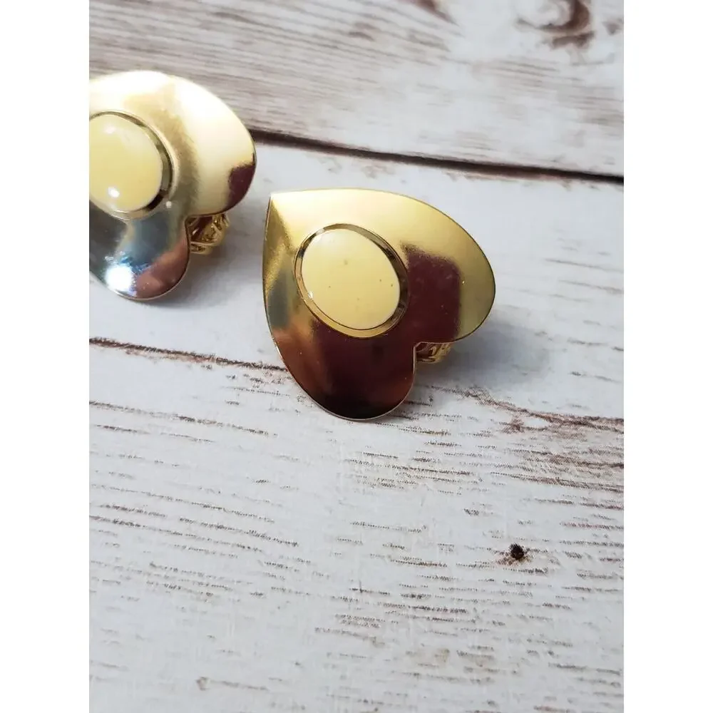Vintage Clip On Earrings - Gold Tone Heart with Cream Center 7/8