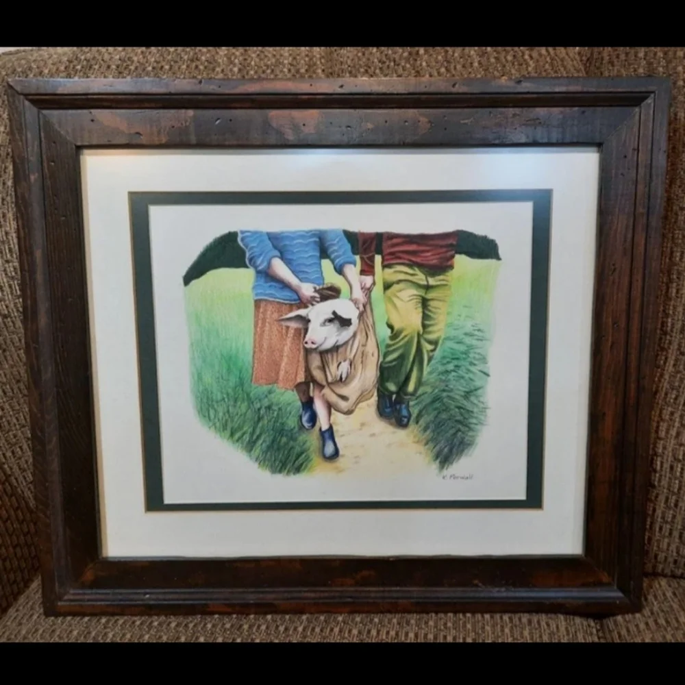 Original framed art Pig in a Poke realistic