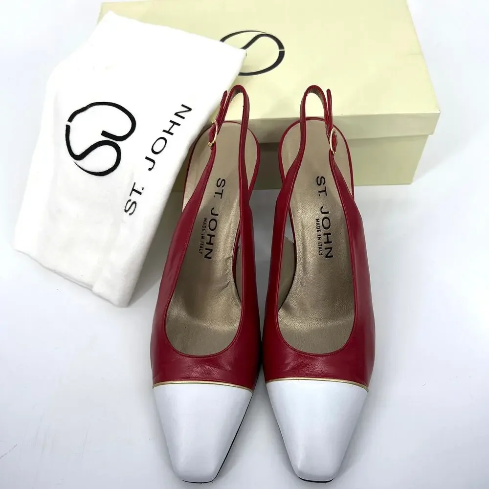 St. John Italy Red White Leather Slingback Heels Shoes Size 8 with Box dust bag