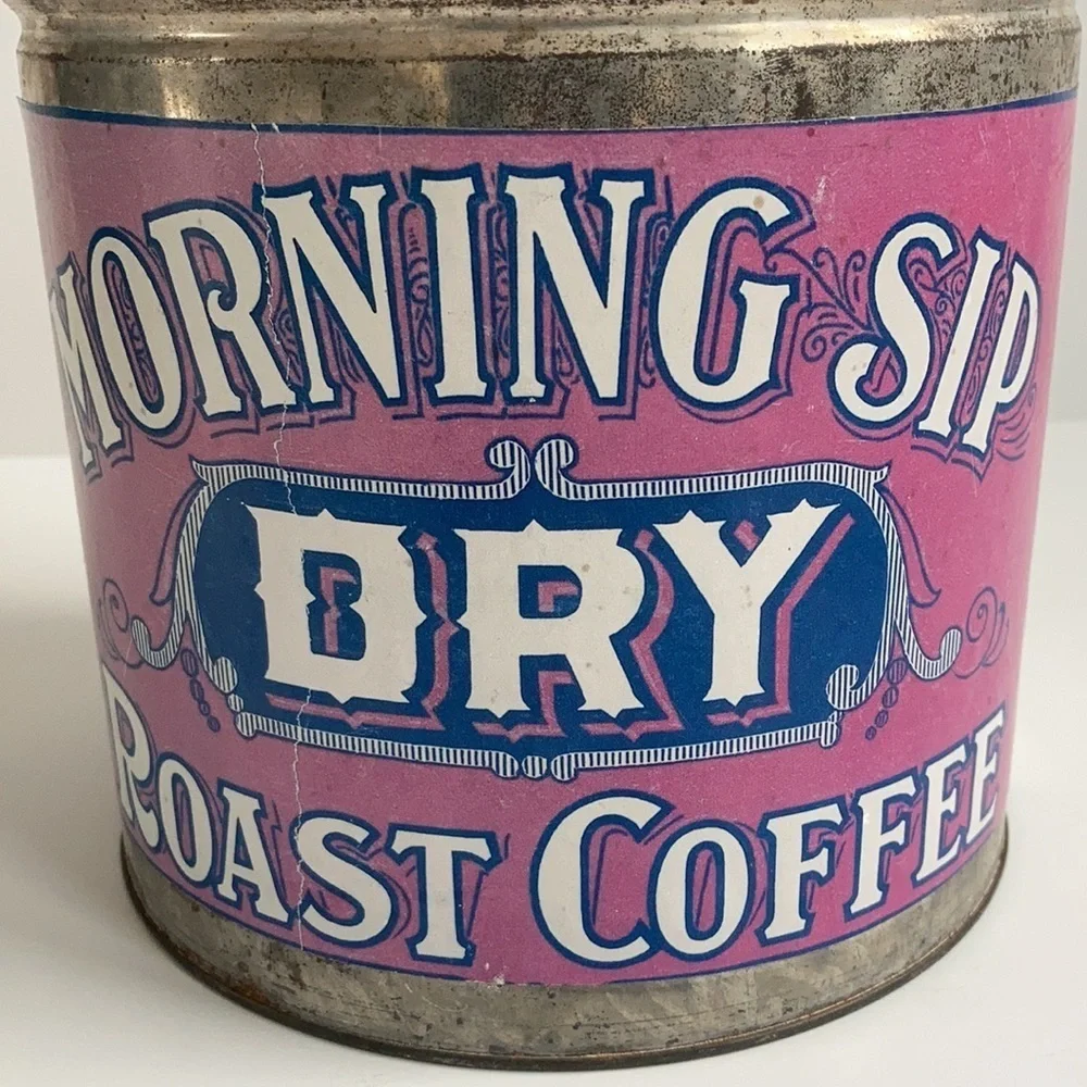 Coffee bar reproduction Morning Sip Dry Roast Coffee advertising tin with lid