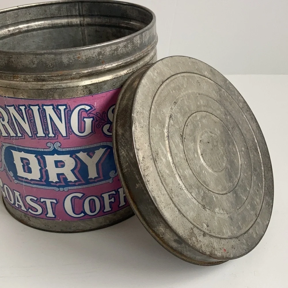Coffee bar reproduction Morning Sip Dry Roast Coffee advertising tin with lid