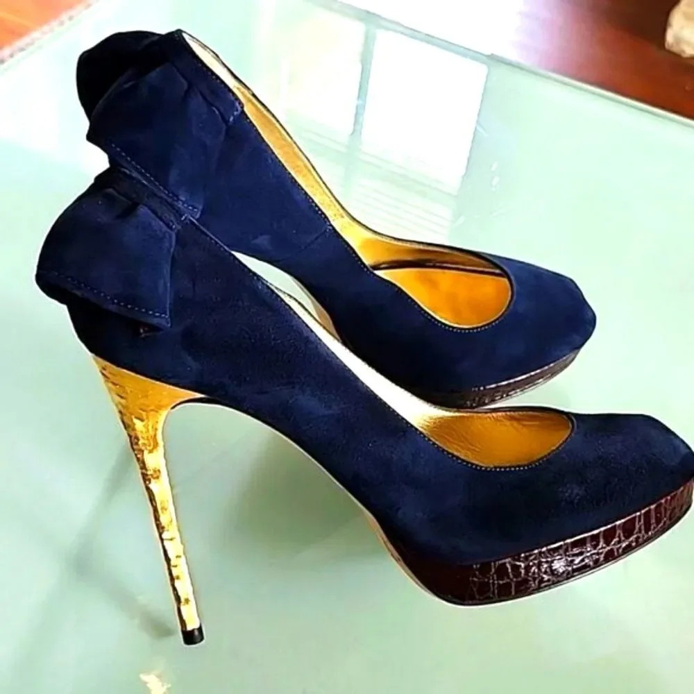 DSQUARED2 New Blue‎ Velvet Peep Toe Textured Gold Stiletto Heels Size 7.5