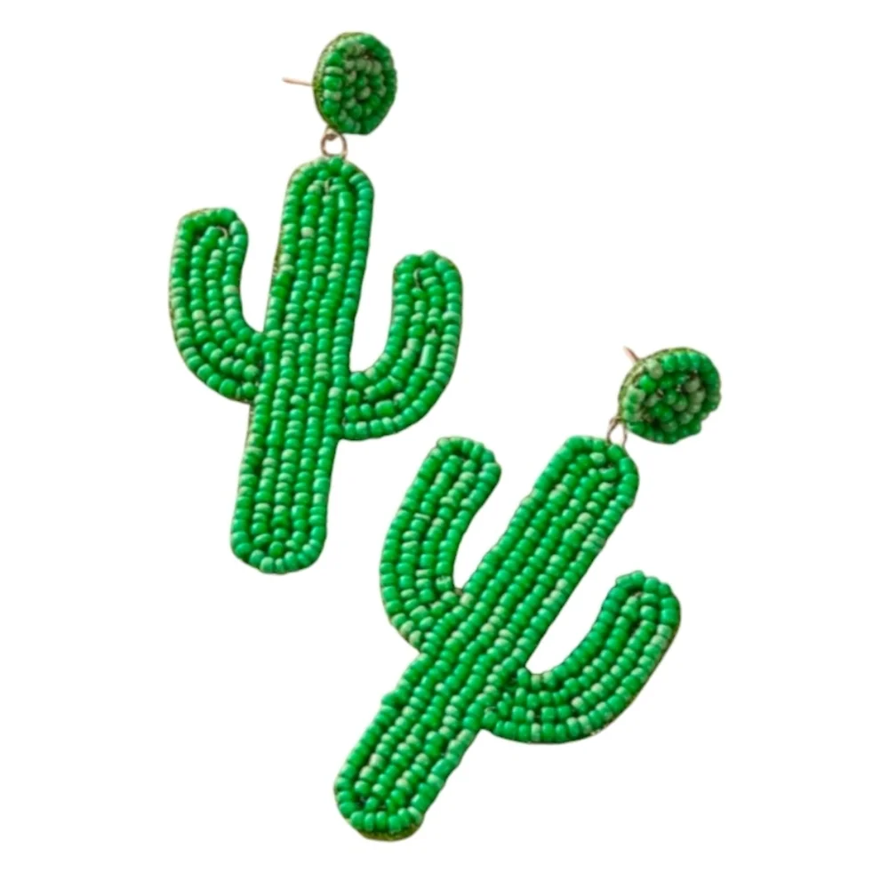 NWT Green Beaded Cactus Earrings Thee Inches
